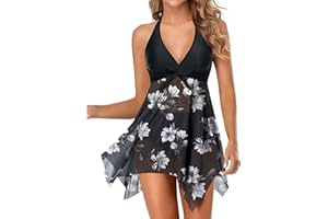 Holipick Women Two Piece Swim Dress Swimsuit Halter Bathing Suit Dress Mesh Tankini Top with Tummy Control Shorts