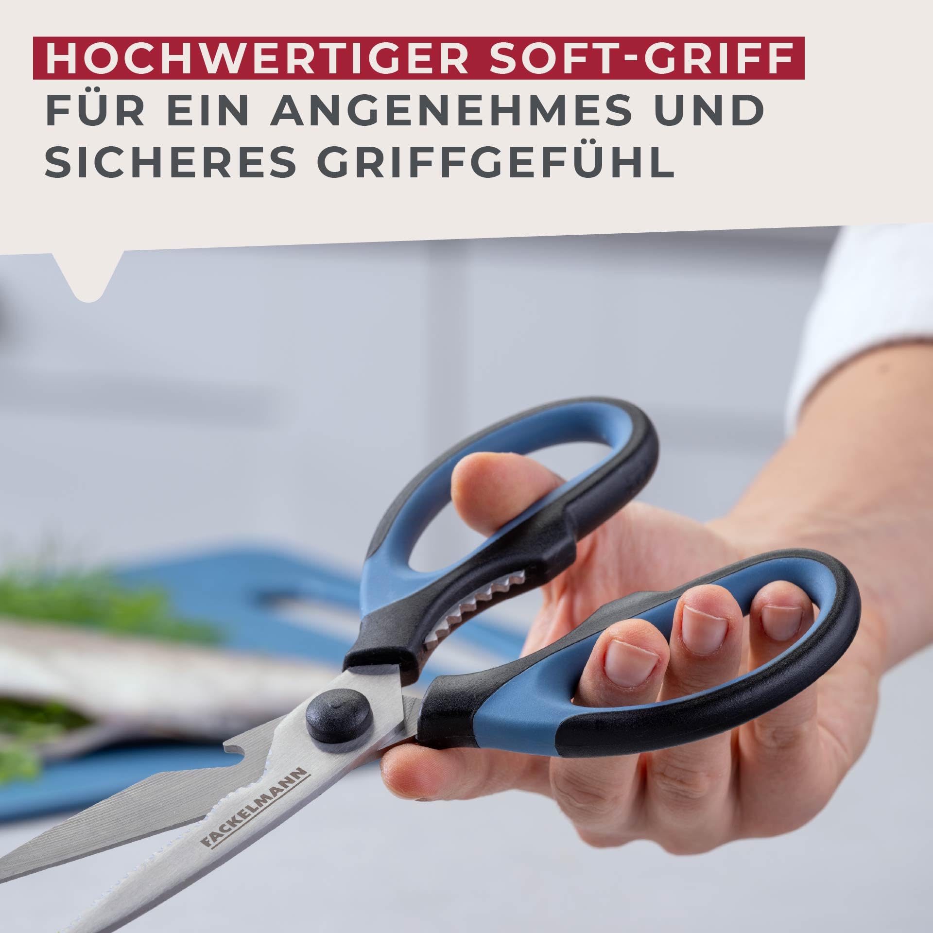 Fackelmann Softgriff-Universalschere – 21 cm, Multifunktionale Küchenschere mit Kapselheber und Schraubverschlussöffner, Reinigung per Hand, Blau 3