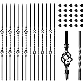 16 Pack Wrought Iron Balusters for Staircase Interior, 1/2" x 44" Hollow Deck Spindles Stair Railing Indoor with 32 Fixed Swivel Shoes, Metal Double Basket Decorative Stair - Matte Black