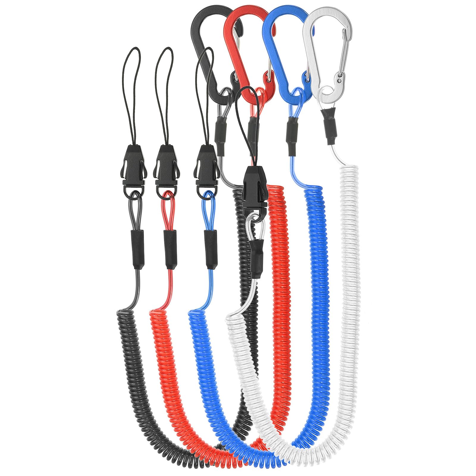 PATIKIL 4pcs Retractable Spring Coil Straps, 6" Spiral Stretchy Safety Lanyard Cord with Aluminium Removable Clip for Fishing Kayak Climbing Boating Pliers, Red,Blue,Clear,Black