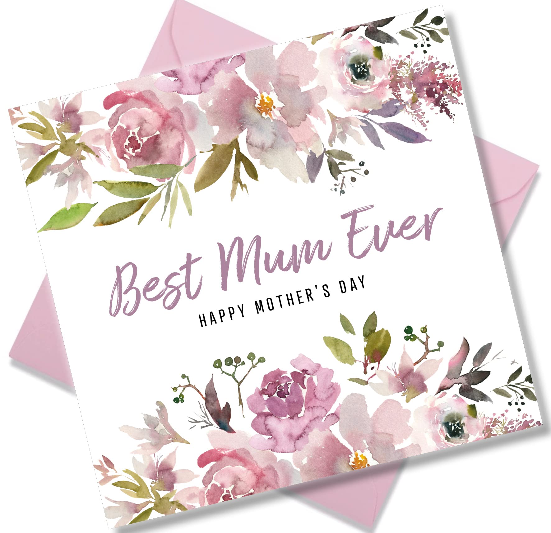 Punkcards - Mothers Day Card for Mum - ‘Best Mum Ever’ - Mothers Day Cards - from Daughter Son - Pink Watercolour Flowers - Beautiful Design - Love You Greeting Card