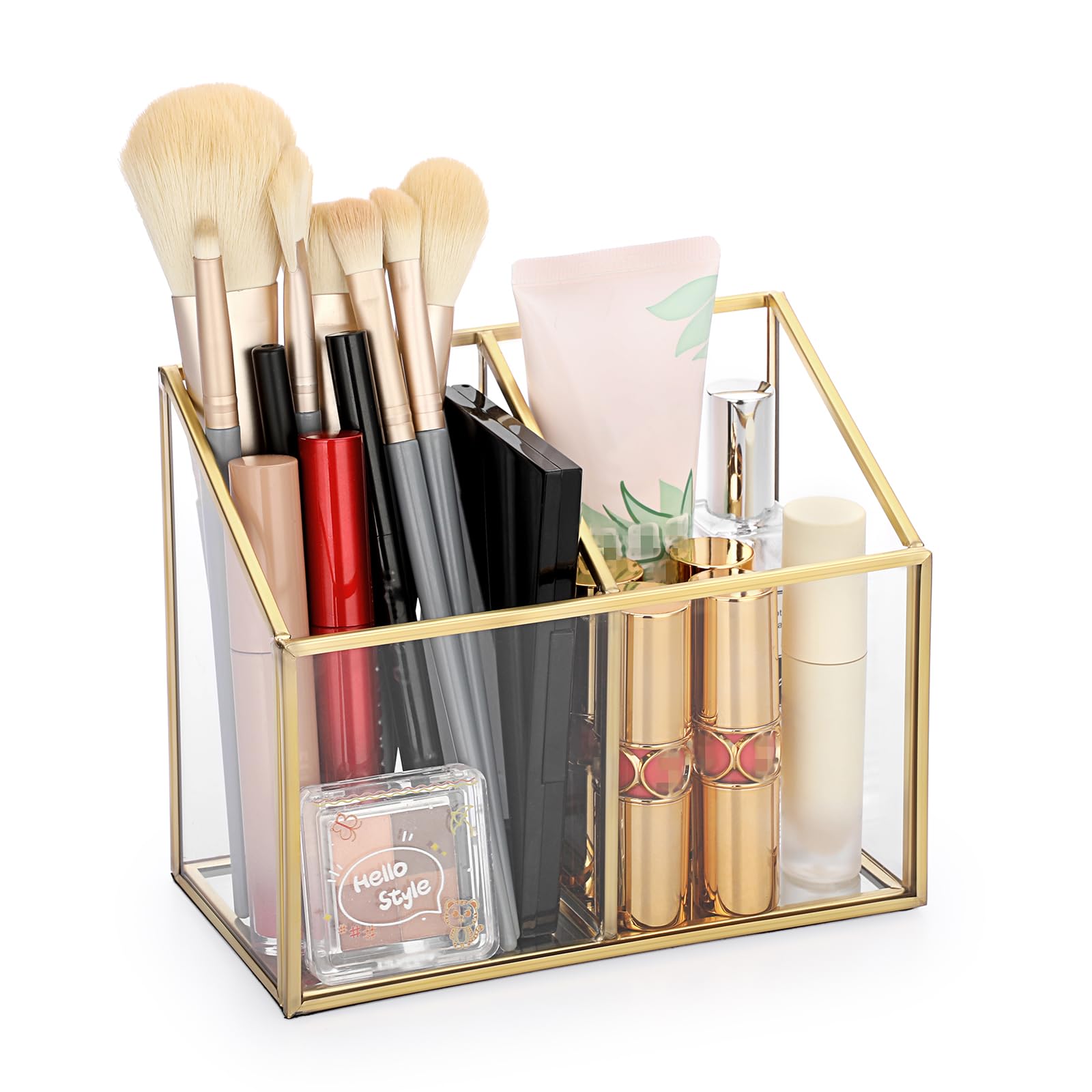 TOLIDA 2 Slots Glass Cosmetic Brushes Holder - Gold Glass Desktop Storage Holder Organzier, Pencil Holder, Remotes Container Desktop Make Up Brush Organizer, Clear Tabletop Display Holder
