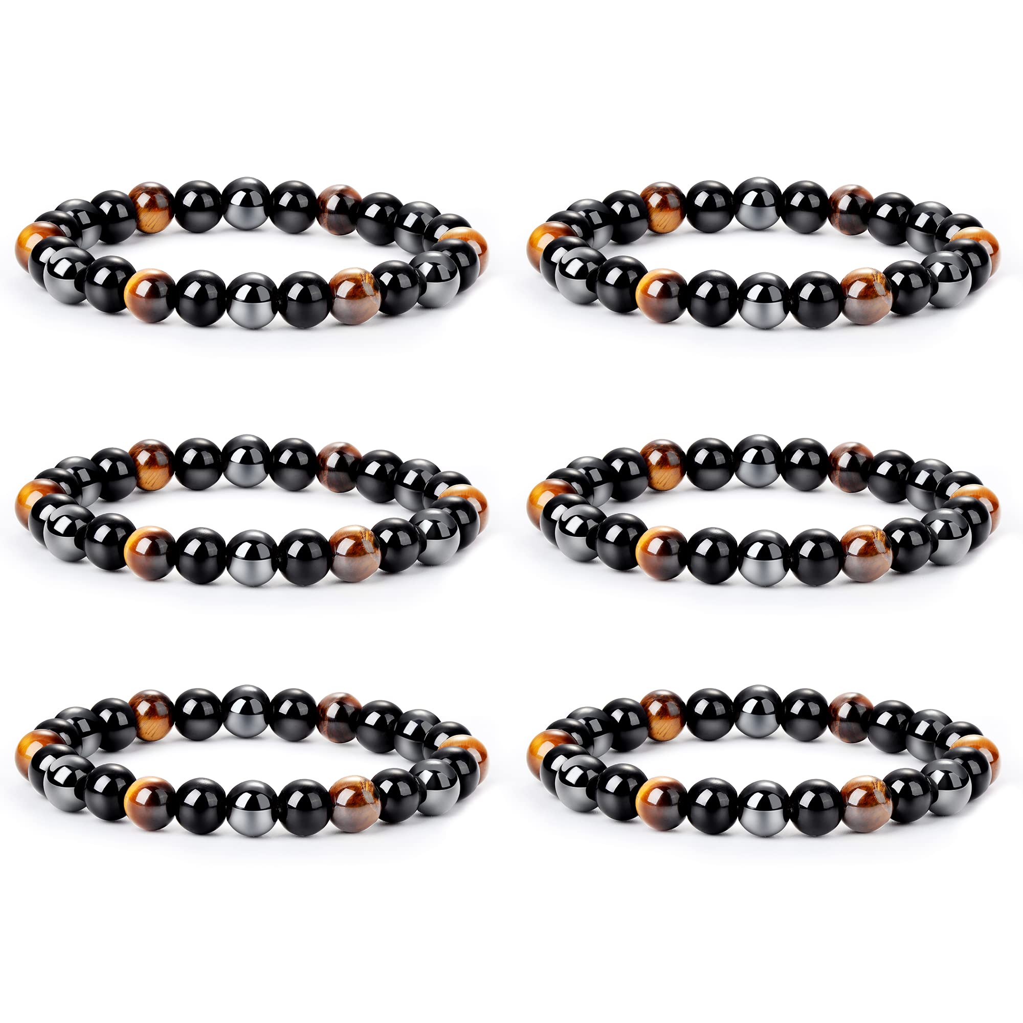 KALVICA 6 Pcs 8MM Tiger Eye Beads Bracelets Bead Bracelets Natural Stone Bracelet Triple Protection Bracelet Set for Women Men
