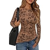 ZESICA Womens Floral Long Sleeve Shirts 2026 Spring Boat Neck Mesh Ruched Tops Fitted Asymmetrical Going Out Blouses