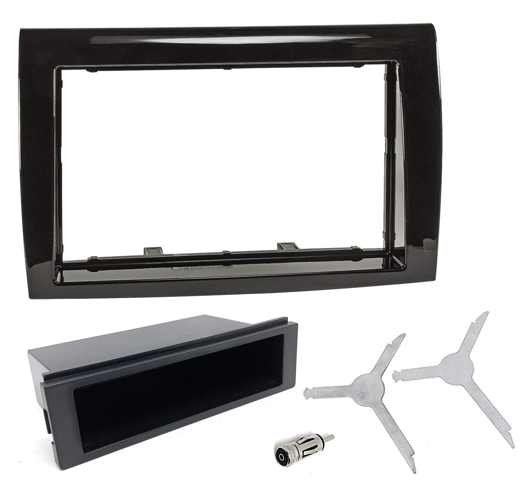 Sound-way Single/Double DIN Car Radio Installation Kit, 1/2 DIN Front Panel Frame, Facia Adaptor, Antenna Adapter, Release keys, compatible with Fiat Bravo 2007-2015