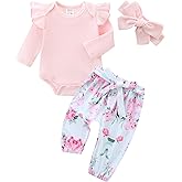 TITAREEY Newborn Baby Girl Clothes Infant Girls Outfits Long Sleeve Ruffle Cotton Romper and Floral Pants Set with Headband