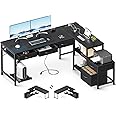 AODK L Shaped Desk with 5 Drawers and Storage Shelves, 61" Reversible Home Office Desk with Power Outlets & Host Stand, Corner Gaming Desk for Bedroom, Black