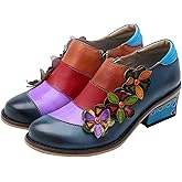 Riutiru Women's Handmade Lambskin Mary Jane Loafers Shoes, Retro Ethnic Print Style and Brock-Style Design