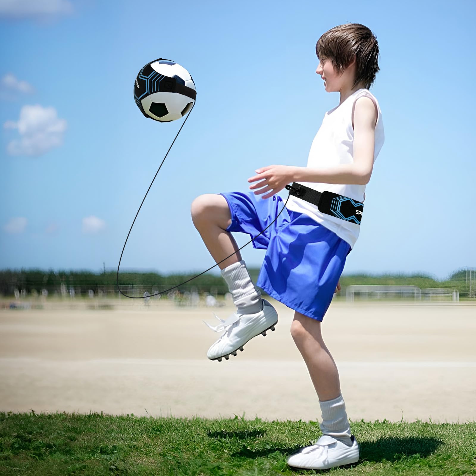 Sportout Fußball/Volleyball/Rugby Kick Throw Trainer Solo Fussball Trainingszubehör Kinder Fußball Training Verstellbar Fussball Geschenk Jungen (Blau) 6