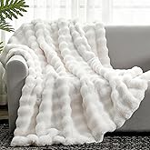 Cozy Bliss Faux Fur Throw Blanket for Couch, Fuzzy Soft Plush Thick Bubble Blanket for Sofa Bedroom Living Room, 50 * 60 Inches Cream White