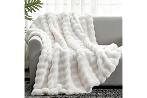 Cozy Bliss Faux Fur Throw Blanket for Couch, Fuzzy Soft Plush Thick Bubble Blanket for Sofa Bedroom Living Room, 50 * 60 Inches Cream White