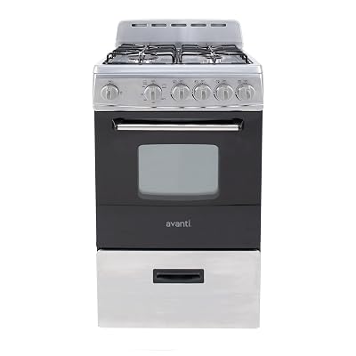 Avanti Gas Range Oven, Compact Freestanding Design, 4 Sealed Burners with Electronic Ignition, 2.1 Cu.Ft. Capacity Features Storage Drawer Broiler and Accessories, 20-Inch, Black