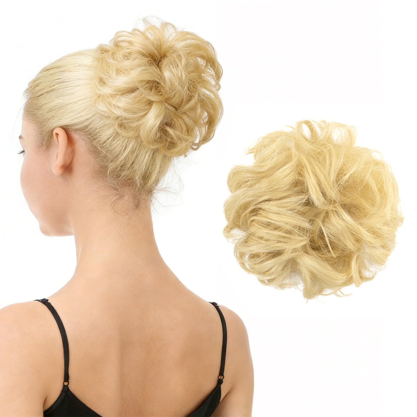 100% Human Hair Scrunchies, BARSDAR Curly Messy Bun Hairpiece Extensions Wedding Hair Pieces for Women Messy Bun Real Hair Updo Donut Chignons 613#- Light Bleach Blonde