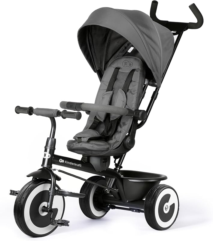 Aston 2 PRO Dreirad, Schiebestange, 360° Sitz, Verdeck, Grau