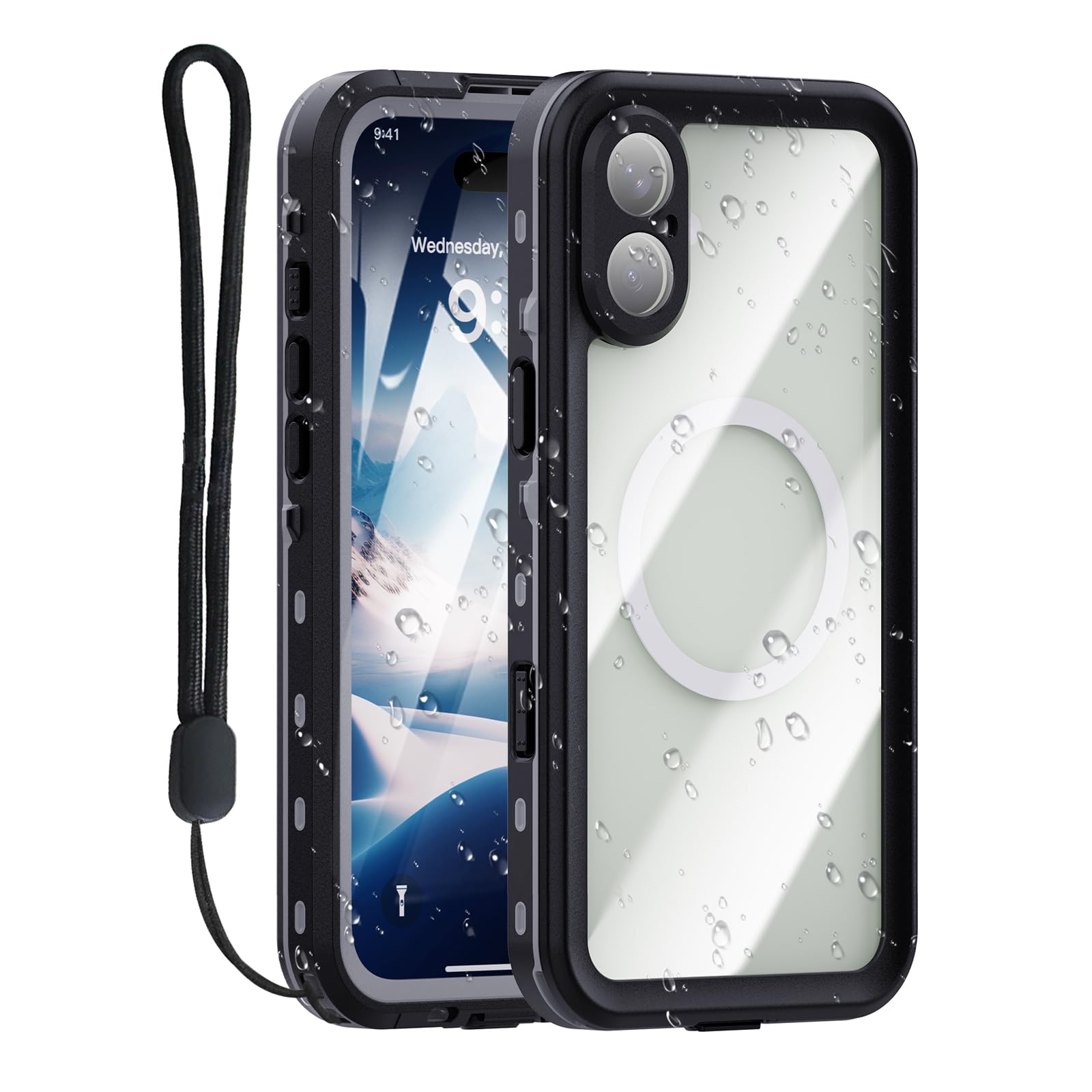 ANROD for iPhone 16 Plus Magnetic Waterproof Case, IP68 Snorkelling Case Full Body Seal Slim Shockproof Snowproof Underwater Outdoor Transparent Cover for iPhone 16 Plus (Black)