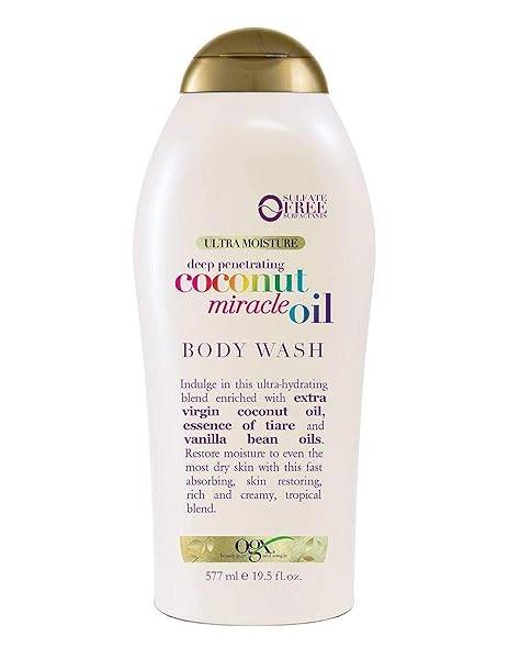 OGX EXTRA CREAMY + COCONUT MIRACLE OIL ULTRA MOISTURE BODY WASH, RICH SHOWER GEL FOR DRY SKIN INFUSED WITH COCONUT OIL, BODY WASH FOR WOMEN, SULFATE-FREE SURFACTANTS, 19.5 FL. OZ