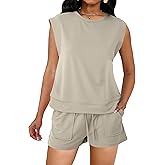 sexycherry Two Piece Short Sets for Women Casual Crew Neck Cap Sleeve Drawstring Summer Sweatsuit with Pockets