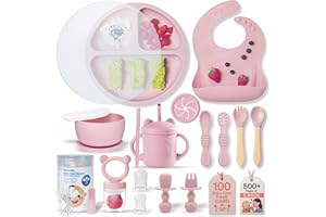 Remonda 23-Piece BPA-Free Silicone Baby Feeding Set | Extra Large Suction Plates, Toddler Bowls, Self Feeding Spoons, and More | Dishwasher Safe| Baby Led Weaning Supplies (Pink)