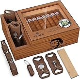 KEJIAR Cigar Humidor, Glass Top Cedar Desktop Cigar Humidors Case with 2 Side Humidor Accessories Boxes with Cigar Cutter, Hole Punch, Humidifier, and Digital Hygrometer Cigar Set, Cigar Gifts for Men