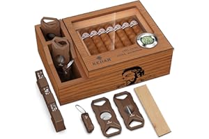 KEJIAR Cigar Humidor, Glass Top Cedar Desktop Cigar Humidors Case with 2 Side Humidor Accessories Boxes with Cigar Cutter, Hole Punch, Humidifier, and Digital Hygrometer Cigar Set, Cigar Gifts for Men