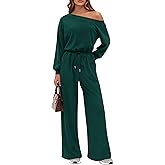 PRETTYGARDEN Long Sleeve Jumpsuit For Women Dressy 2026 Off Shoulder One Piece Loose Wide Leg Jumpsuits Casual Flowy Romper