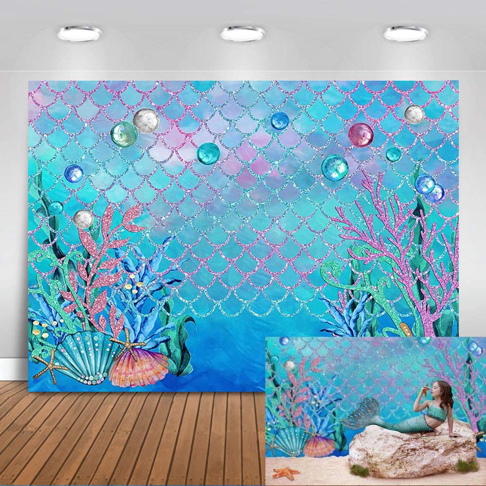 Avezano 2.2x1.5m Little Mermaid Scales Photography Backdrop Under The Sea Princess Girl Background for Birthday Party Ocean Theme Baby Shower Party Decorations