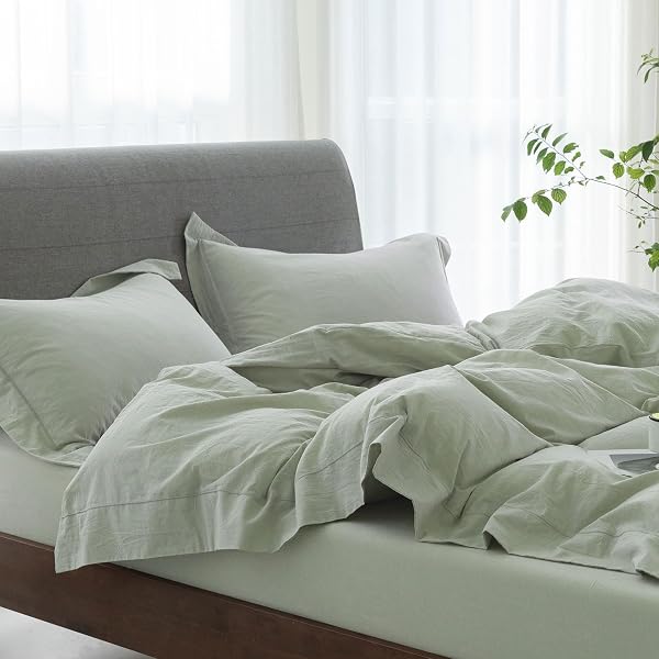ELIMMO COOLING KING DUVET COVER SET 3 PIECES-100% WASHED COTTON WITH CHIC WIDE TRIM DESIGN LINEN LIKE TEXTURED ULTRA SOFT COZY BEDDING WITH ZIPPER CLOSURE(HEMMED SAGE GREEN,KING 104″X90″)