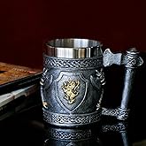 Medieval Viking Axes Mug Gifts for Men, English Gold Lion Shields Beer Steins Tankard Stainless Coffee Cup Renaissance Art Norse Decor Home Kitchen Party Decoration Drinkware