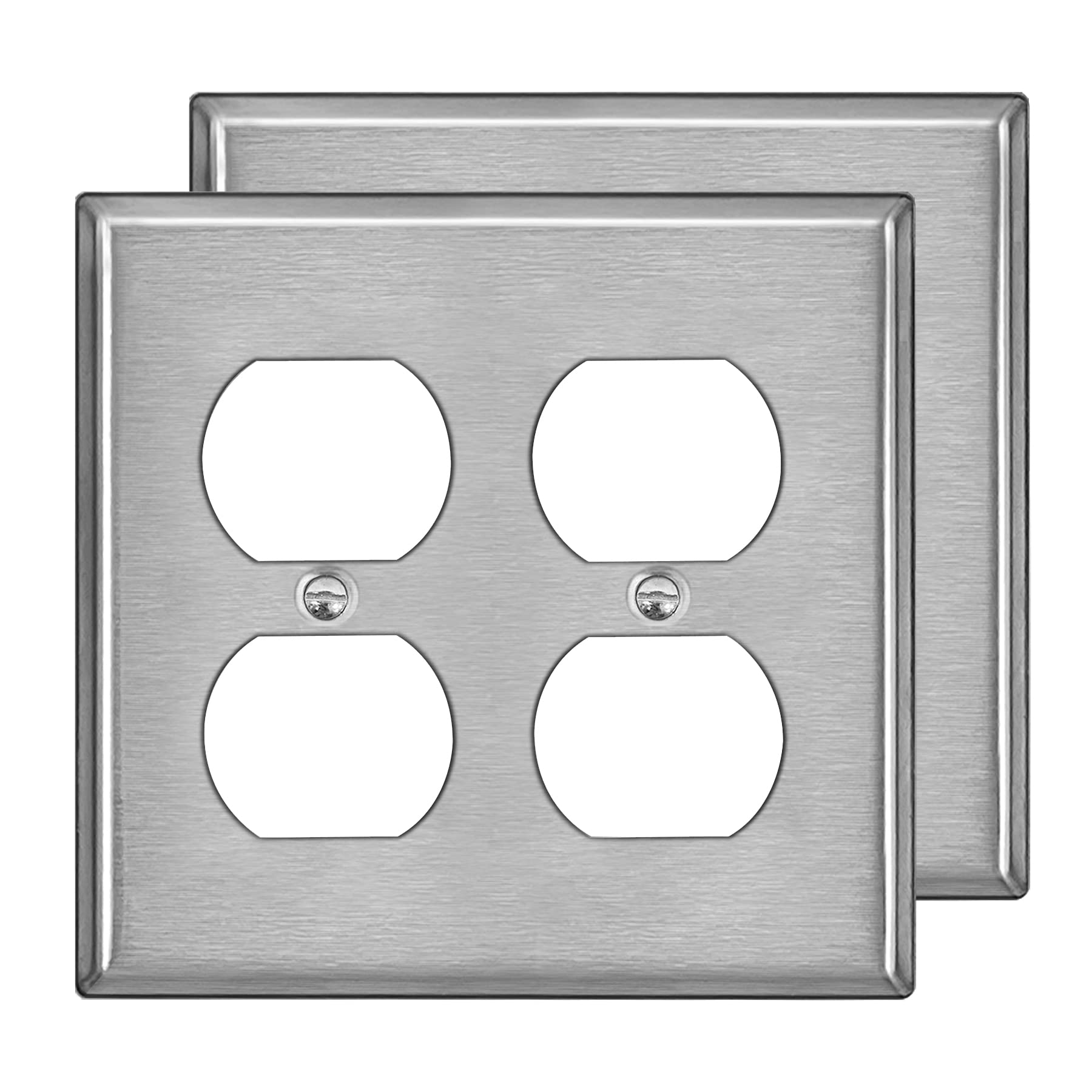 Photo 1 of [2 Pack] BESTTEN 2 Gang Duplex Metal Wall Plate with Protective Film, Standard Size, Corrosion-Resistant Stainless Steel Outlet and Switch Cover, Industrial Grade, Brushed Finish, Silver
