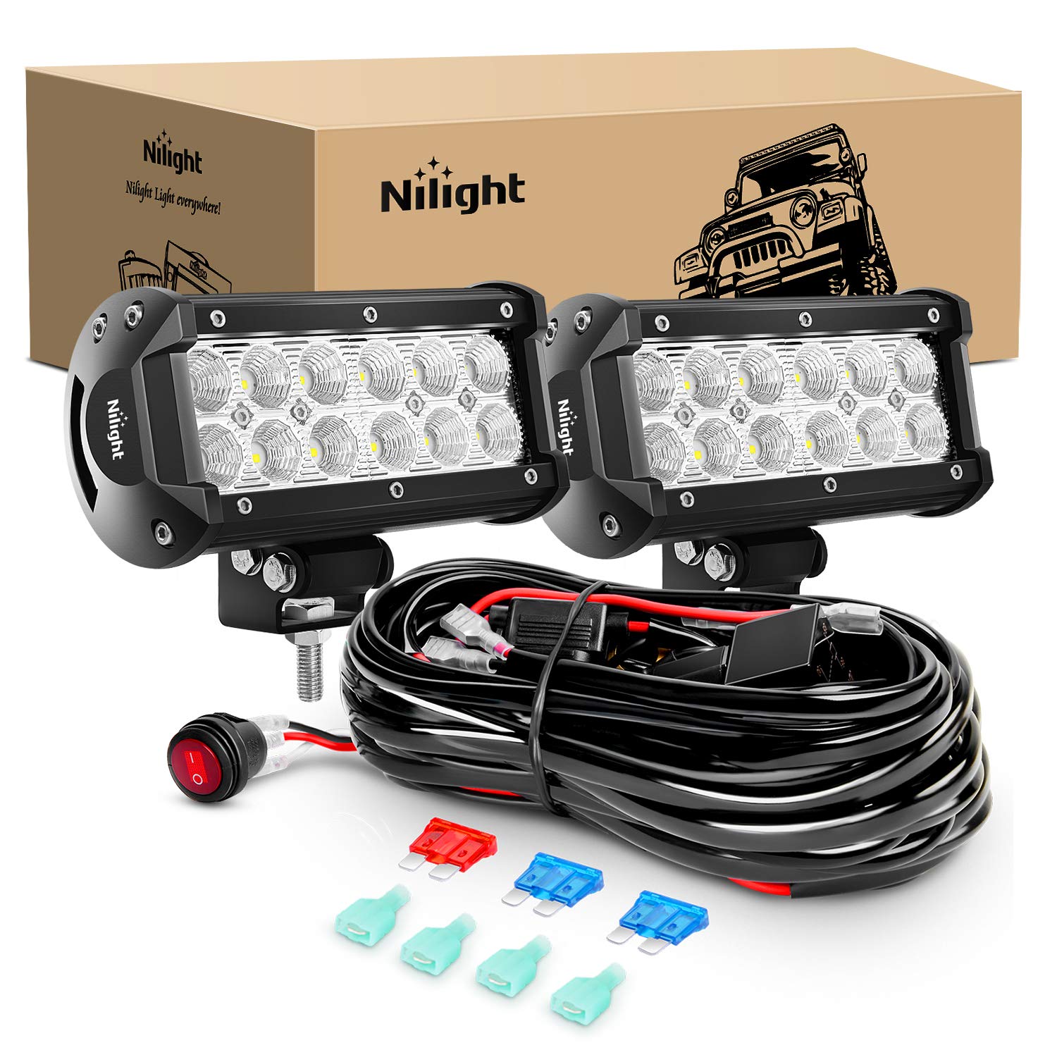 Nilight LED Light Bar 2PCS 6.5 Inch 36W Flood Off Road Lights Driving Fog Led Pods Lights with 16AWG Wiring Harness Kit-2 Leads for Van Camper Car Pickup Golf Cart ATV UTV SUV Truck Boat 4x4 Image Nilight LED Light Bar 2PCS 6.5 Inch 36W Flood Off Road Lights Driving Fog Led Pods Lights with 16AWG Wiring Harness Kit-2 Leads for Van Camper Car Pickup Golf Cart ATV UTV SUV Truck Boat 4x4 Image