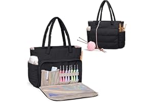 Teamoy Knitting Bag Tote, Puffer Yarn Bag, Crochet Bag Organizer for Yarn Storage, Yarn Holder for Crocheting, Black