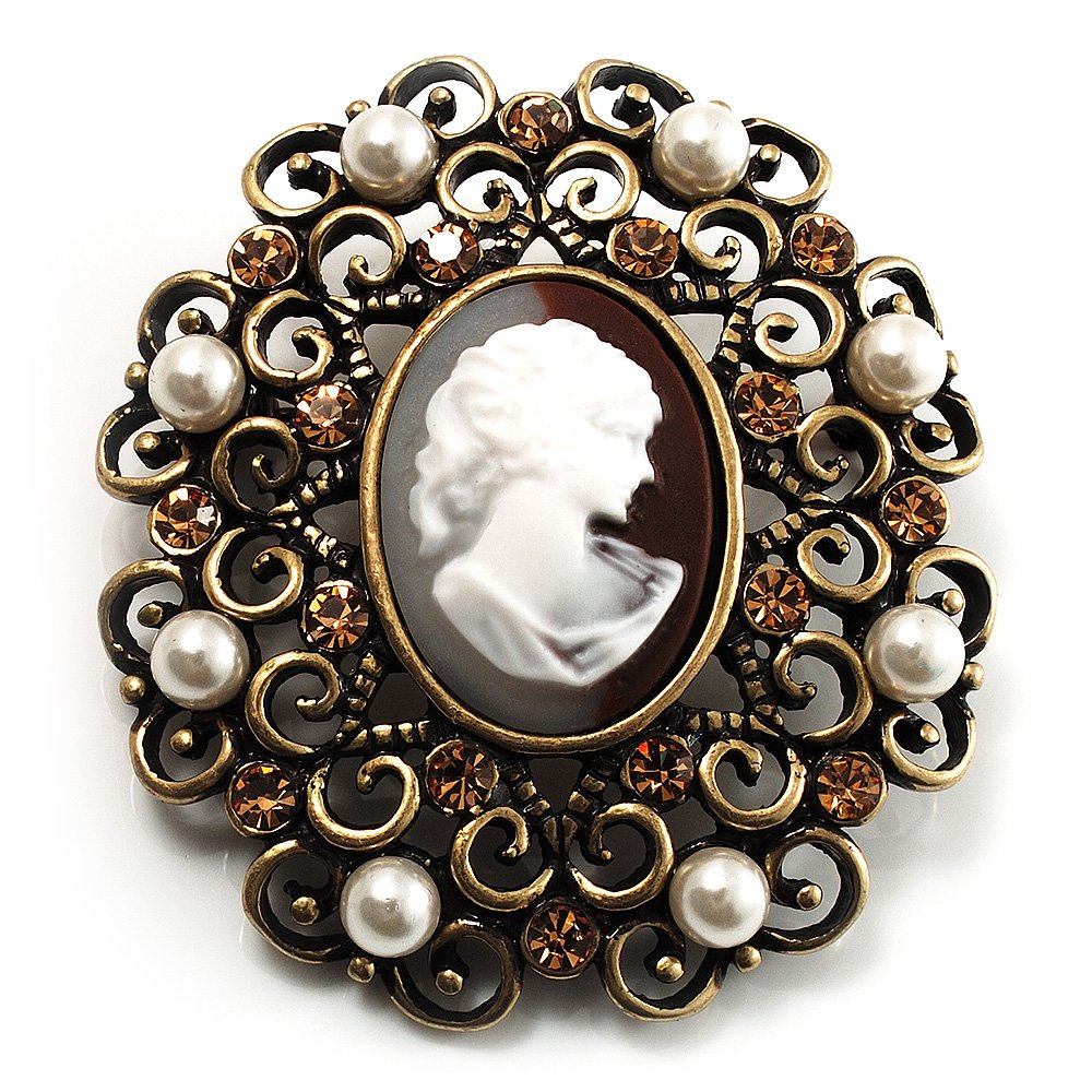 Imitation Pearl Filigree Cameo Brooch (Bronze Tone)