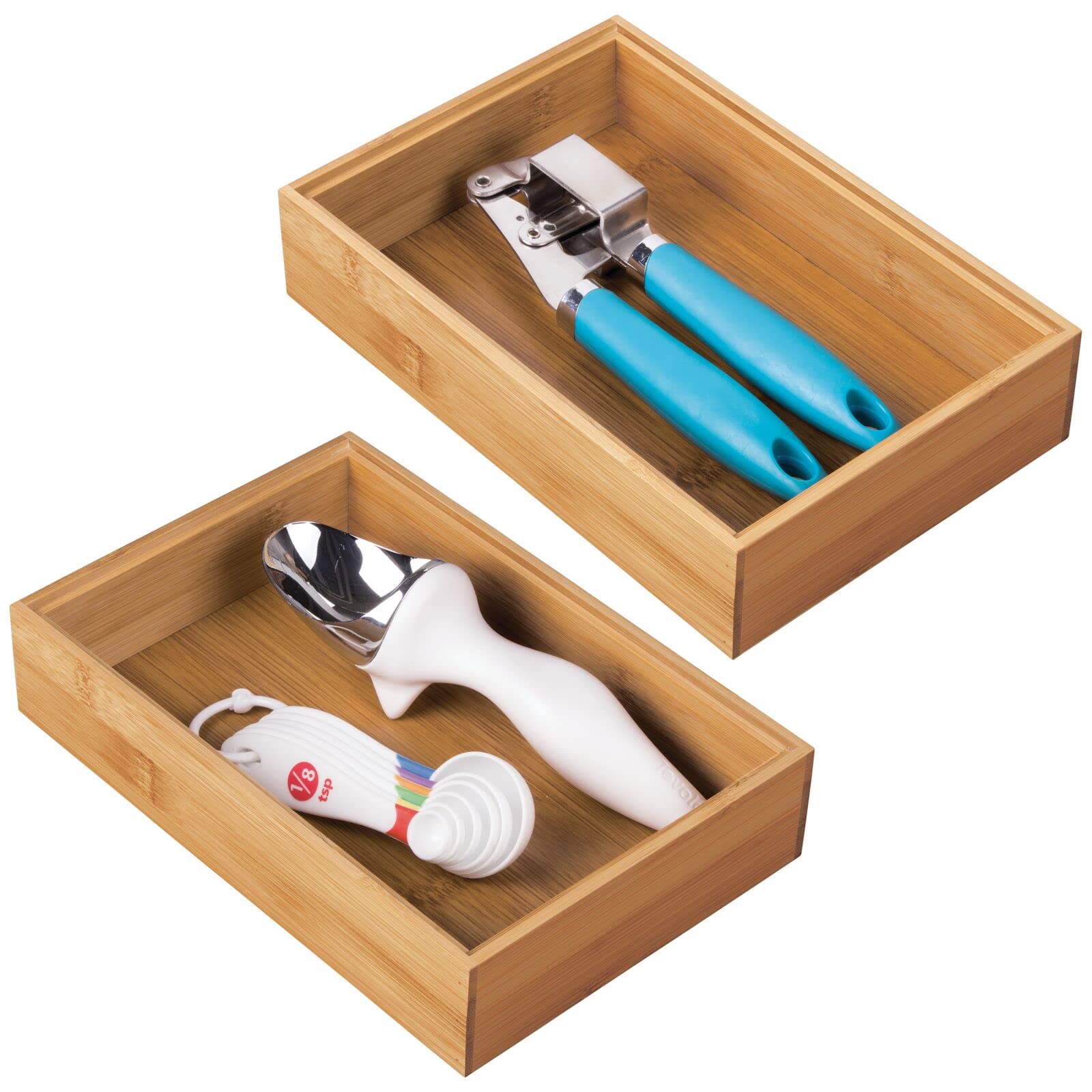mDesign Pack of 2 Functional Drawer Organiser — Elegant Bamboo Kitchen Drawer Divider for Cutlery, Silverware, Utensils – Convenient Drawer Separator – Light Brown — image 1