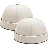 Malaxlx 2 Pcs Mens Brimless Docker Cap Set - Retro Worker Sailor Skull Cap Beanie with Rolled Cuff