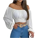 Off Shoulder Crop Top for Women Lantern Sleeve Waist Tie Blouse S-2XL
