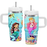 Hiboss Mermaid Tumbler with Handle and Straw for Kids 14oz, Insulated Stainless Steel Little Mermaid Girls Cup Mug, Birthday Christmas Gifts for Kids Girls