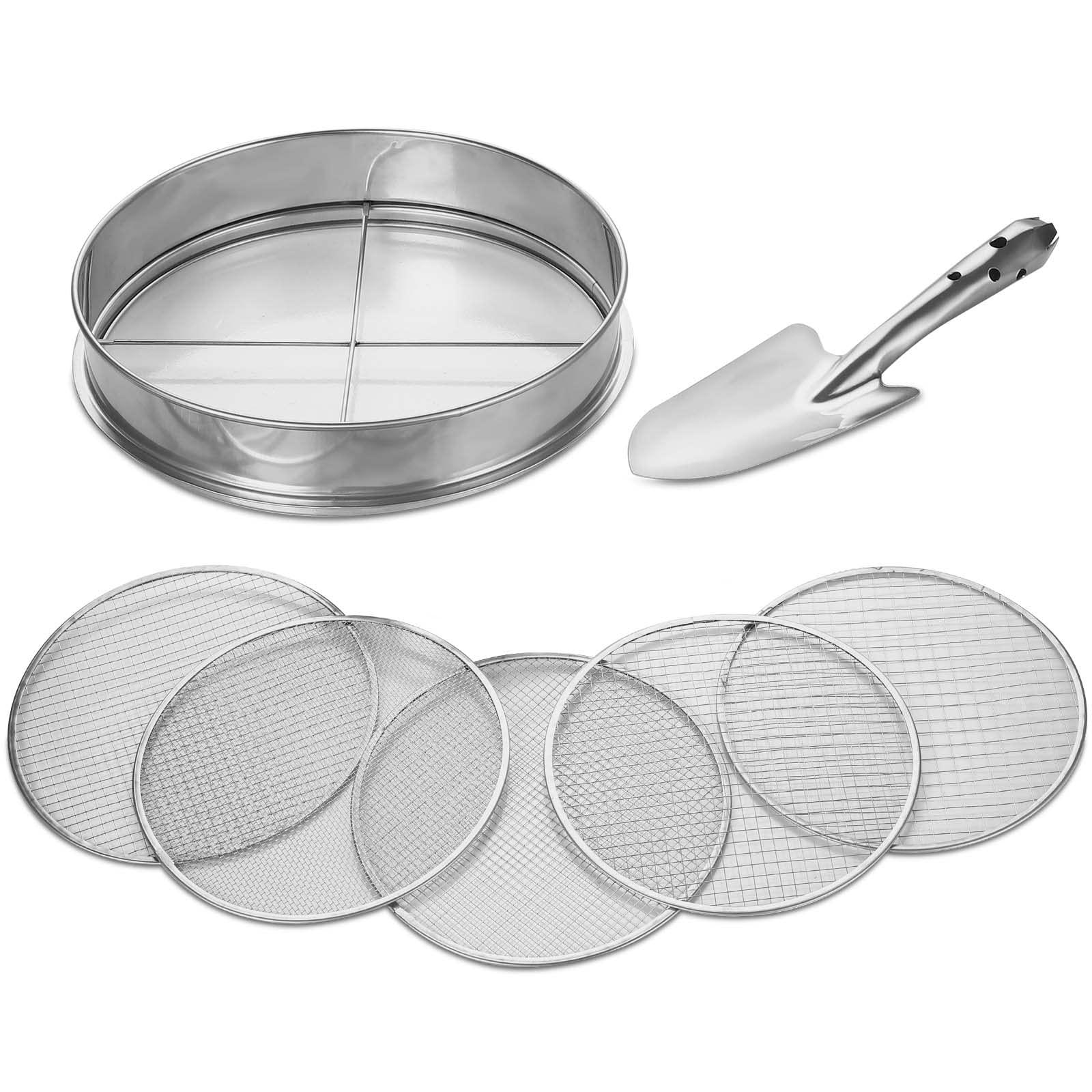 Johgee Garden Sieve, 5 Gardening Sieves Mesh, Soil Sieve Stainless Steel, Mesh Sizes 12mm/10mm/9mm/6mm/3mm, 1 Shovel, Garden Tools for Soil and Stones