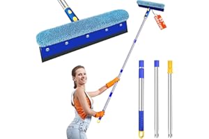 2 in 1 Squeegee Window Cleaner with Long Stainless Steel Handle,Sponge Microfiber Window Squeegee for Glass Window Patio Door