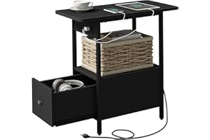 LIDYUK End Table with Charging Station, Narrow Side Table with Drawer and USB Ports & Power Outlets, Nightstand Bedside Tables for Small Spaces, Bedroom, Living Room, Black