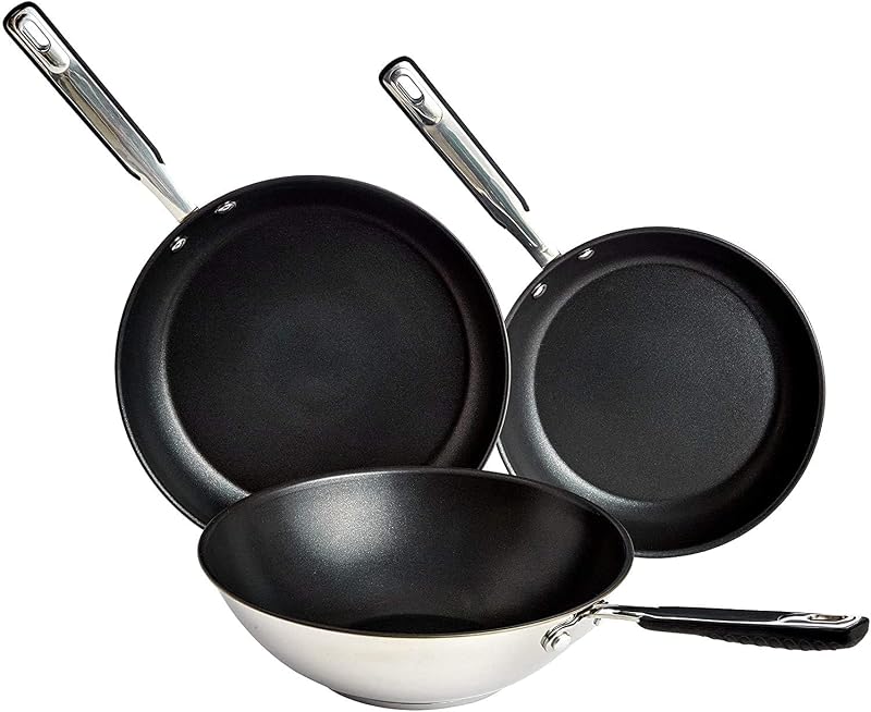 3-teiliges Pfannenset mit Wok, Keramik-Edelstahl-Set mit 24,0-cm- und 28,0-cm-Bratpfanne und 28,0-cm-Wok, Induktion, Spülmaschinenfest