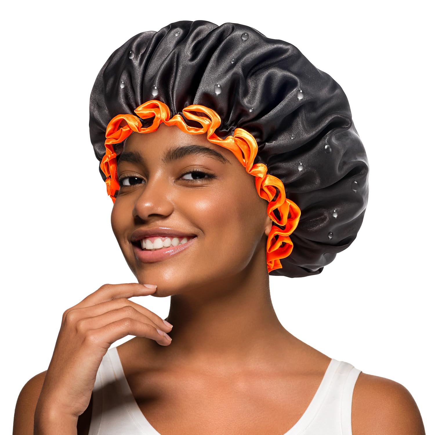 mikimini Black Shower Cap for Women Long Hair, Reusable Waterproof Shower Hats for Men, Medium Double Layer Washable Bath Cap for Thick Curly Hair 2 Packs — image 1
