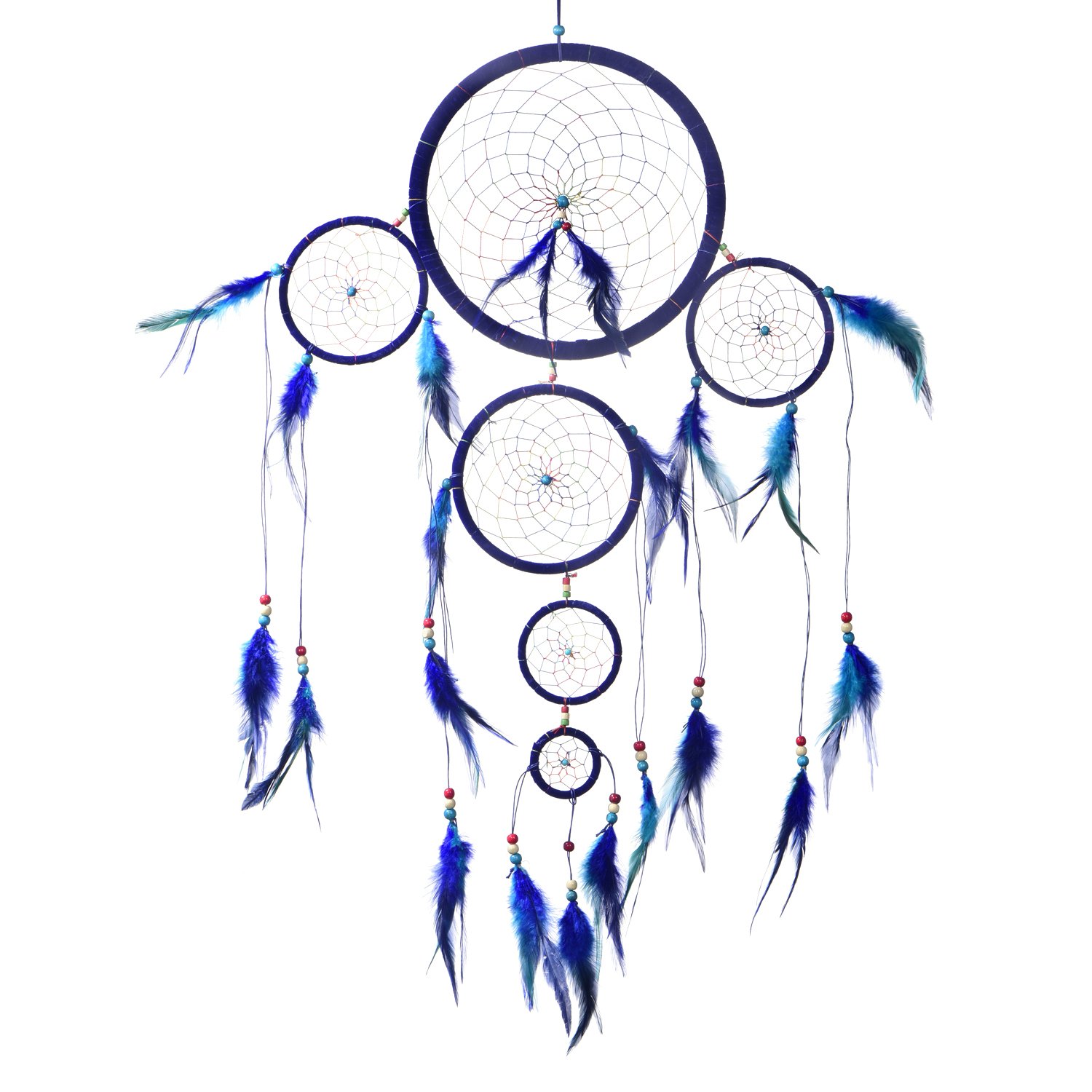 Big XXL Size Dreamcatcher for Good Dreams with Pearls and Real Feathers Blue with Rainbow Colours ร 11.02" - 28 cm โ image 1