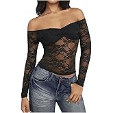 Milumia Women's Sexy Sheer Mesh Off The Shoulder Lace Long Sleeve Top Y2K Rave