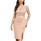 Miusol Women's Elegant Scoop Neck Puff Sleeve Floral Lace Ruffle Style Cocktail Party Dress