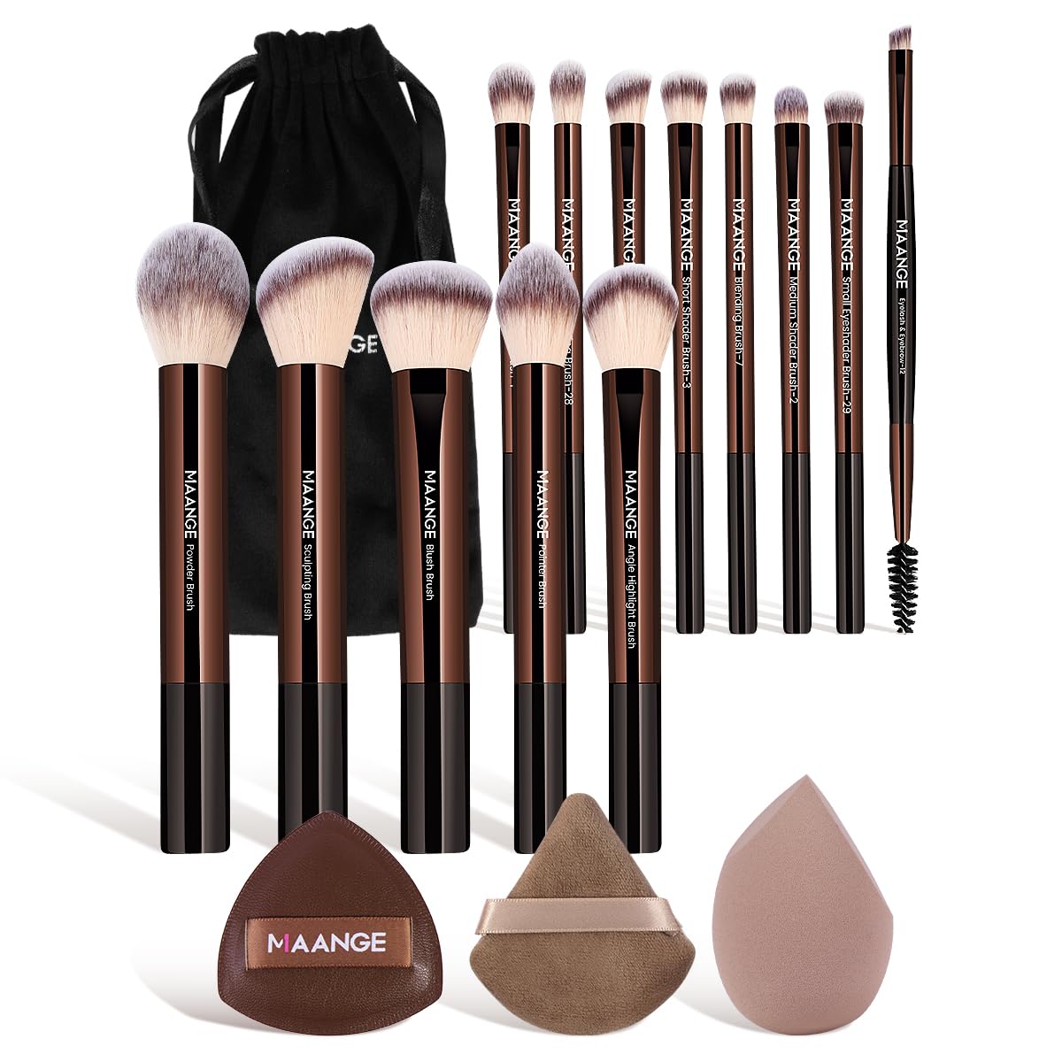 Photo 1 of MAANGE 16PCS Makeup Brush Set Travel Makeup Brushes for Liquid Powder Contour Concealer Cream Cosmetics Blending Eyeshadow Eyeliner (Coffee)