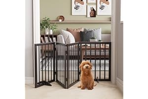 Semiocthome Freestanding Dog Gates for The House, Doorways, Stairs with 2PCS Support Feet, Foldable 4-Panel Pet Gates for Dogs, 24"(H) Extra Wide Doggy Fence for Inside Expands Up to 74"(W)- Brown