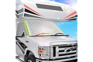 Big Hippo Windshield Cover RV Window Sunshade Cover for Class C Ford E450 1997-2024 Motorhome, UV Block Offer Complete Privacy with Reflective Strips RV Accessories 4 Layers with Mirror Cutouts Silver