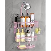 MSAICOE Pink Shower Caddy for Bathroom - Never Rust Hanging Shower Organizer with Soap Basket and Hooks - Large Capacity 3 Tier Aluminum Over The Showerhead Caddy