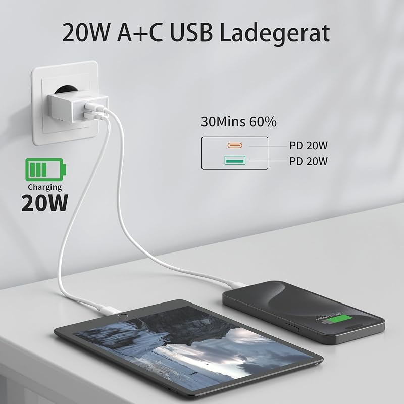 USB C Ladegerät, USBC Adapter Netzteil 20W for iPhone 16 15 14 13 12 11 Pro Max SE XS XR 8 Plus, Galaxy S23/S22/S21, Netzstecker USB Stecker Mehrfach Charger Handy Ladestecker Wufuera — Foto 3 von 7