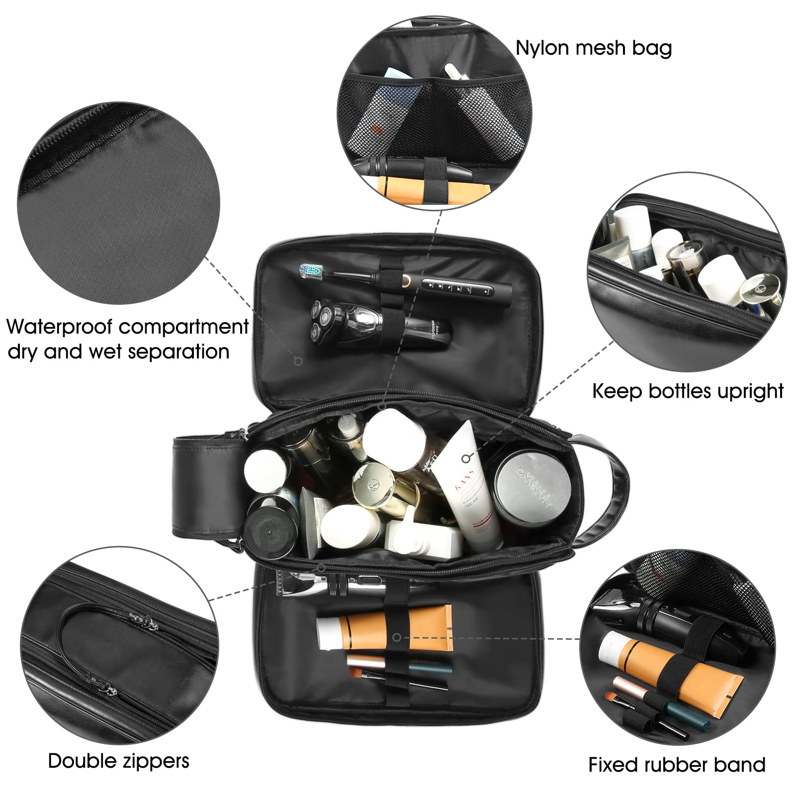 BNSPOCKET Personalized Leather Travel Toiletry Bag for Men, Large Travel Bathroom Shaving Dopp Kit, Large Cosmetic Bag Waterproof